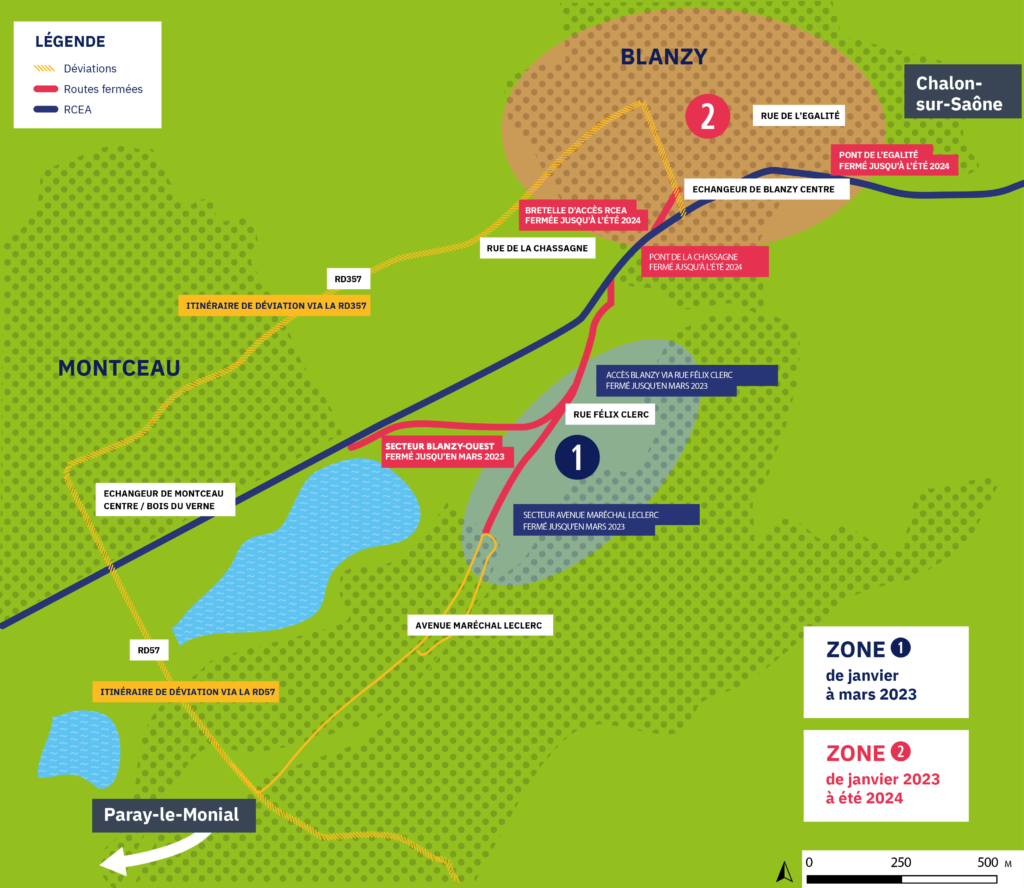 Plan de la RCEA traversant Blanzy. Mise en valeur des périmètres impactés par les travaux de 2023 à 2024.
